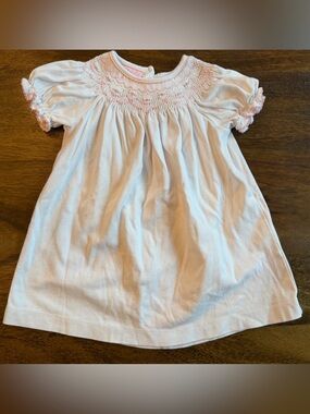 Petit Bebe White Cotton Smocked Dress with Pink Trim